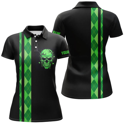 Personalized green argyle plaid skull Womens golf polo shirts, custom black golf apparel for ladies NQS7269