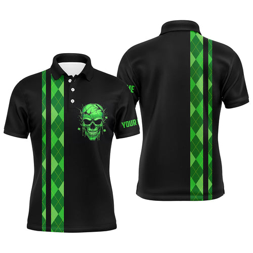 Personalized green argyle plaid skull Mens golf polo shirts, custom black golf apparel for mens NQS7269