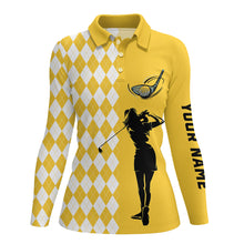Load image into Gallery viewer, Personalized white argyle plaid pattern Womens golf polo shirts, custom Yellow golf apparel for ladies NQS7271