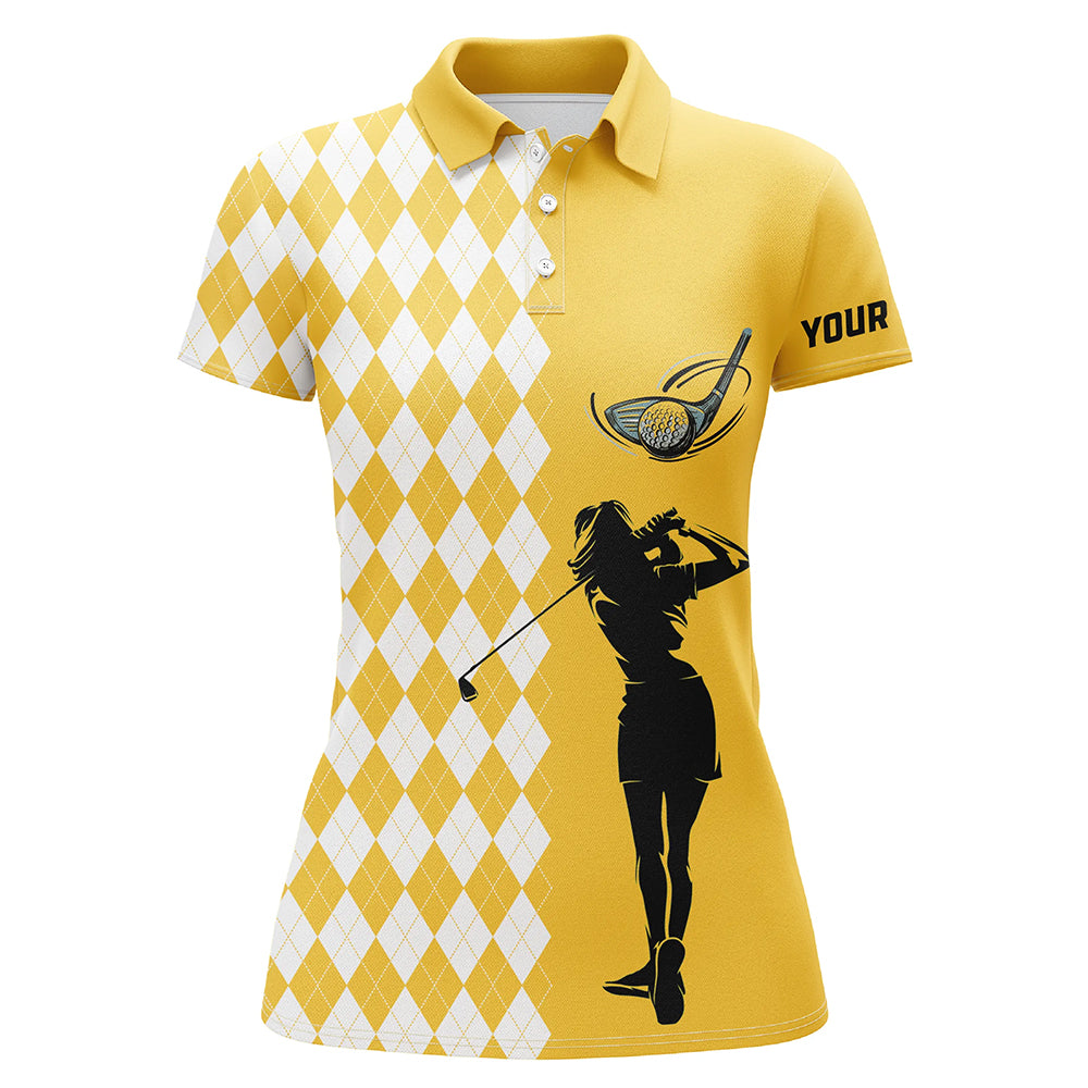 Personalized white argyle plaid pattern Womens golf polo shirts, custom Yellow golf apparel for ladies NQS7271