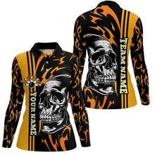 Load image into Gallery viewer, Women bowling polo shirt Custom black and yellow flame skull Bowling ball and pins Team league Jerseys NQS7275