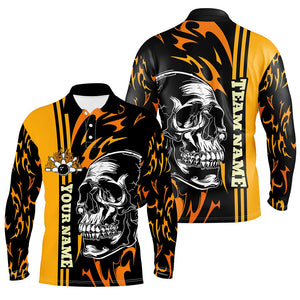 Mens Bowling polo shirts Custom black and yellow flame skull Bowling ball and pins Team league Jerseys NQS7275