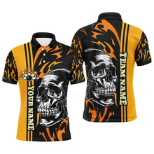 Load image into Gallery viewer, Mens Bowling polo shirts Custom black and yellow flame skull Bowling ball and pins Team league Jerseys NQS7275