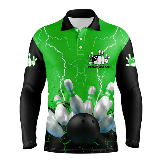 Green lightning Mens polo bowling shirts, Personalized men's bowling jerseys, bowling team jerseys NQS7280