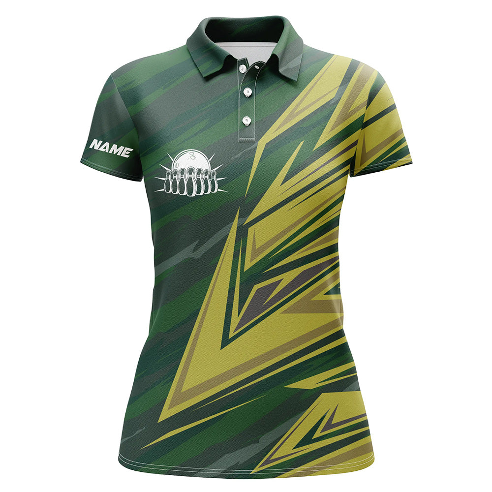 Women bowling polo shirts Custom green yellow camo Bowling Team Jersey, gift for team Bowlers NQS6380
