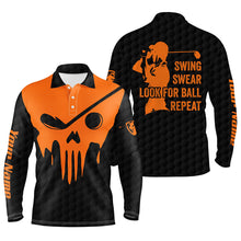 Load image into Gallery viewer, Swing swear look for ball repeat custom name orange golf skull black mens Halloween golf polo shirts NQS6591