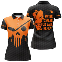 Load image into Gallery viewer, Swing swear look for ball repeat custom name orange golf skull black womens Halloween golf polo shirts NQS6591