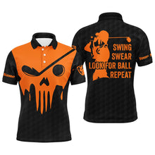 Load image into Gallery viewer, Swing swear look for ball repeat custom name orange golf skull black mens Halloween golf polo shirts NQS6591