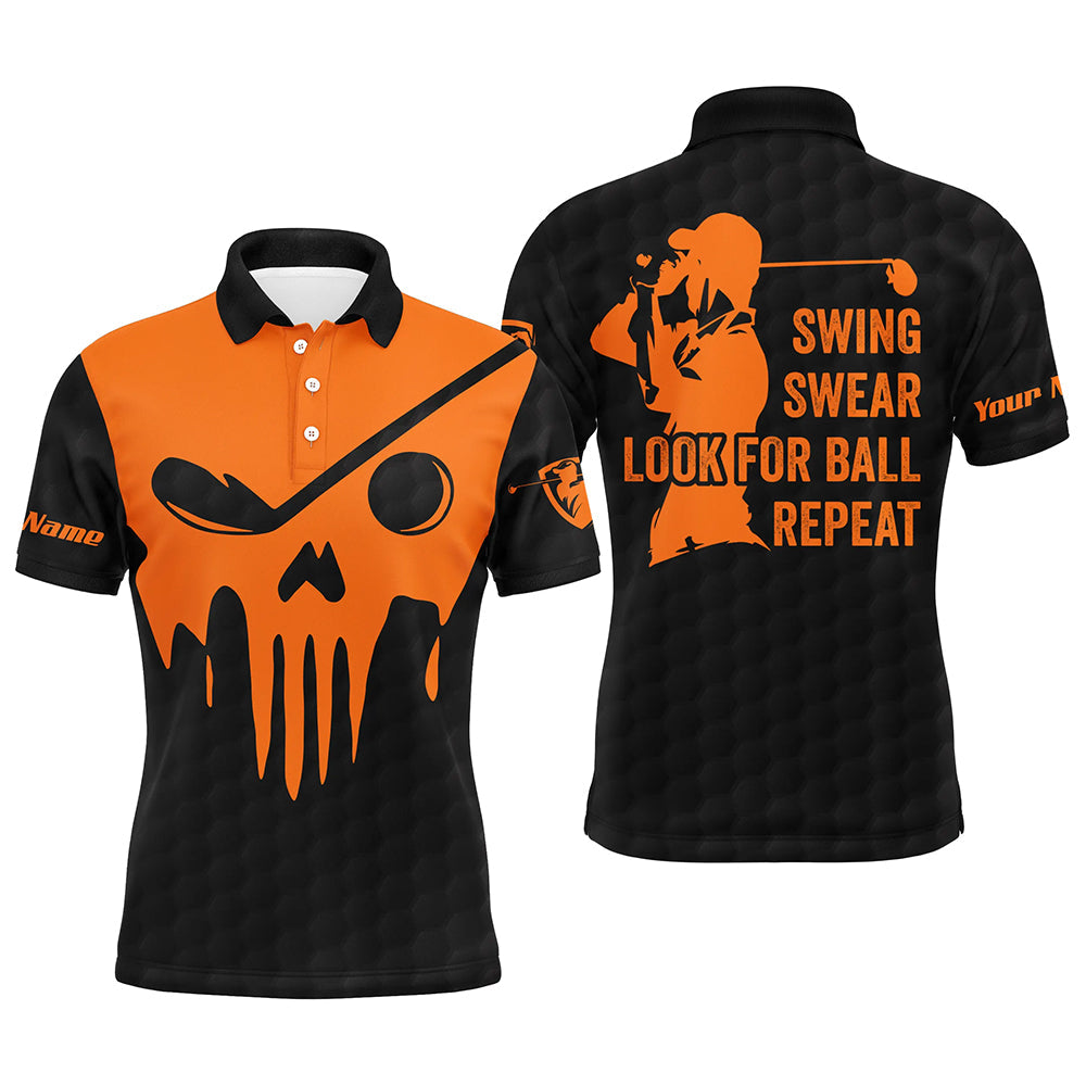 Swing swear look for ball repeat custom name orange golf skull black mens Halloween golf polo shirts NQS6591