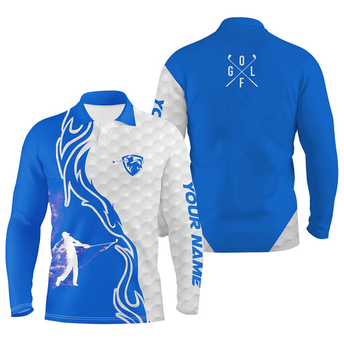 Blue and white golf player long sleeve golf polo shirts for mens custom name golf gift for golf dad NQS5234