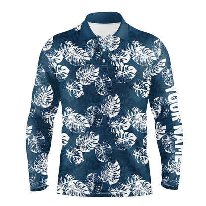 Mens golf polo shirt custom blue tropical monstera leaves pattern team golf tops for men, golfing gift NQS7298