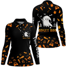 Load image into Gallery viewer, Funny black orange Halloween background women golf polo shirts custom Bogey Boo ladies golf tops NQS6393