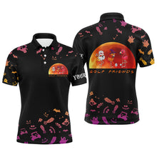 Load image into Gallery viewer, Funny Mens golf polo shirt orange black Halloween background custom name Flamingo golf friends NQS6390