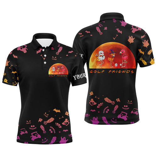 Funny Mens golf polo shirt orange black Halloween background custom name Flamingo golf friends NQS6390