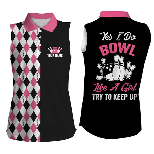Custom Pink sleeveless bowling shirt for women – personalized team jersey front view