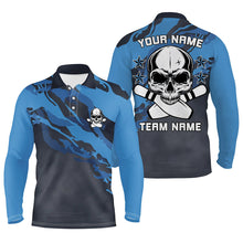 Load image into Gallery viewer, Personalized blue camo Skull Bowling polo Shirt for men Custom Team's Name men Bowler Jersey NQS6411