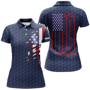 Womens golf polo shirt navy golf ball American flag patriotic golf clubs custom name golfing gifts NQS6636