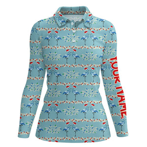 Womens golf polo shirt custom blue Christmas flamingo pattern golf shirt for women, Christmas gifts NQS6652