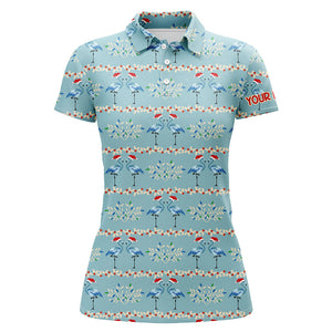 Womens golf polo shirt custom blue Christmas flamingo pattern golf shirt for women, Christmas gifts NQS6652