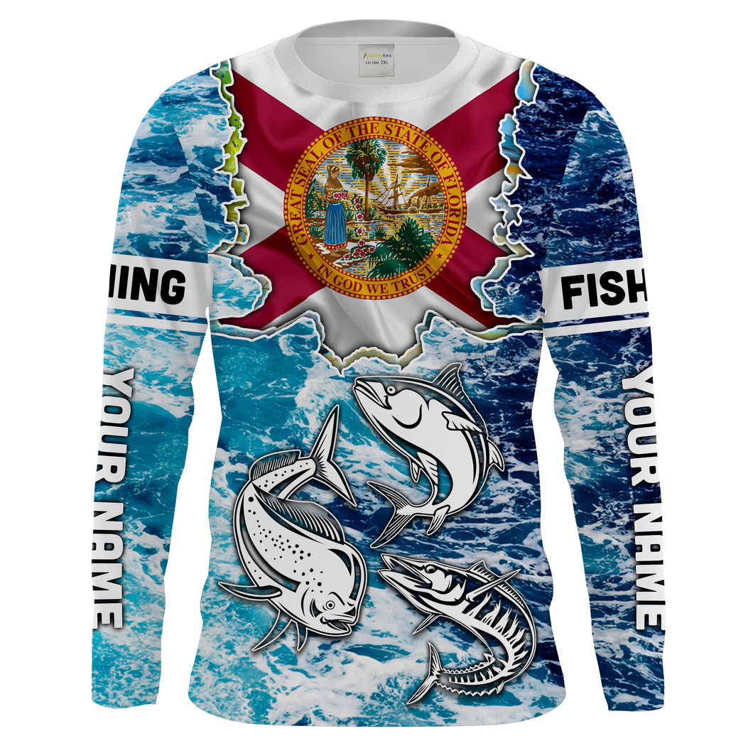 Florida Flag Mahimahi, wahoo, Tuna blue camo performance fishing shirt UV protection customize long sleeves NQS2123