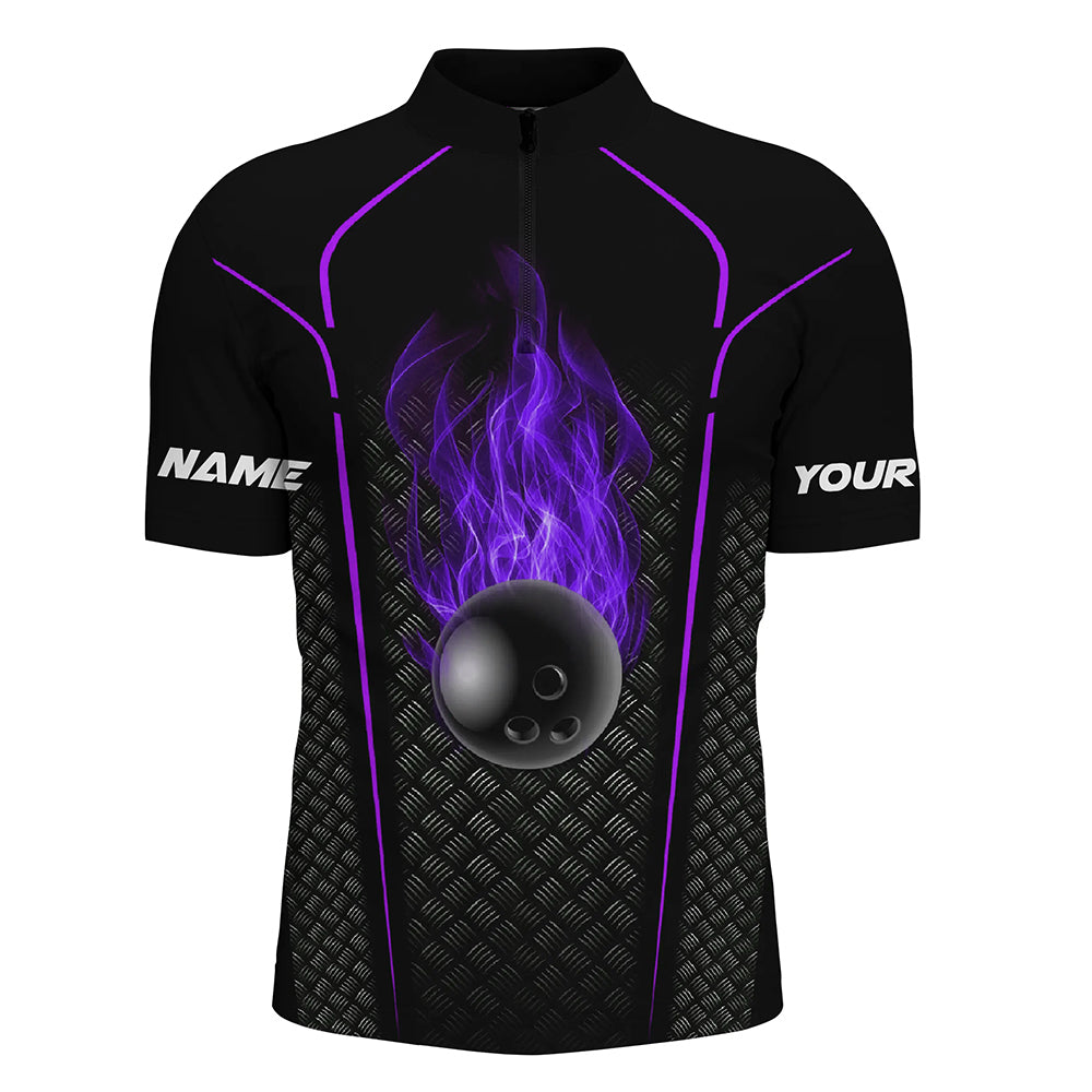 Bowling ball fire black custom Quarter Zip Bowling Jersey 3D Bowling Team Shirt For men| Purple NQS7053