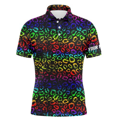 Colorful neon Rainbow leopard mens golf polo shirts, team golf shirt gift for golf lovers NQS4987