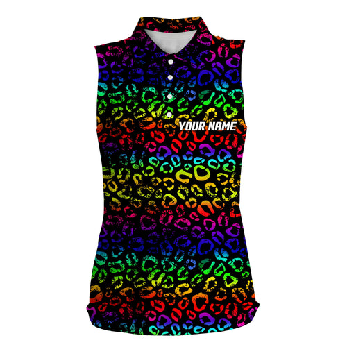 Colorful neon Rainbow leopard Womens sleeveless polo shirts, team golf shirt gift for golf lovers NQS4987