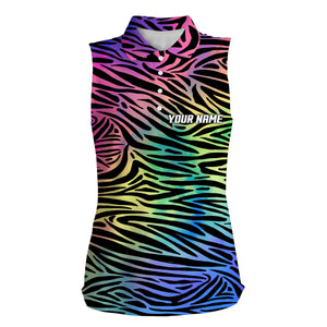 Colorful neon Rainbow Zebra skin Womens sleeveless polo shirts, team golf shirt gift for golf lovers NQS4988