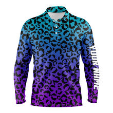 Load image into Gallery viewer, Mens golf polo shirts blue purple neon leopard pattern golf shirt custom name golf wear for mens NQS4992