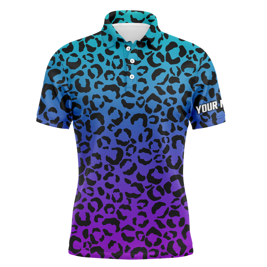 Mens golf polo shirts blue purple neon leopard pattern golf shirt custom name golf wear for mens NQS4992