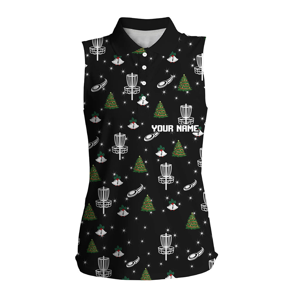 Womens sleeveless polos shirt custom black Christmas pattern disc golf shirt for women, disc jersey NQS6664