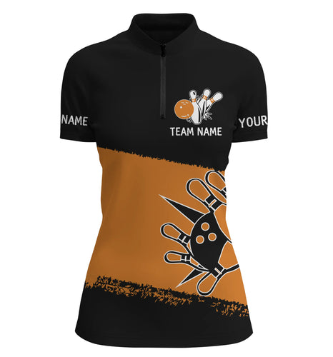 Black orange bowling balls and pins custom bowling Quarter Zip shirt for women, team bowling jerseys NQS4769