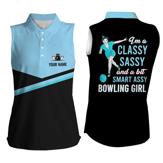 Custom black blue sleeveless bowling shirt for bowling – personalized team jersey front view