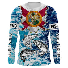 Load image into Gallery viewer, Florida Flag Redfish, trout, snook blue wave camo custom performance long sleeve fishing shirts NQS4771