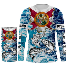 Load image into Gallery viewer, Florida Flag Redfish, trout, snook blue wave camo custom performance long sleeve fishing shirts NQS4771