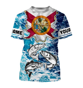 Florida Flag Redfish, trout, snook blue wave camo custom performance long sleeve fishing shirts NQS4771