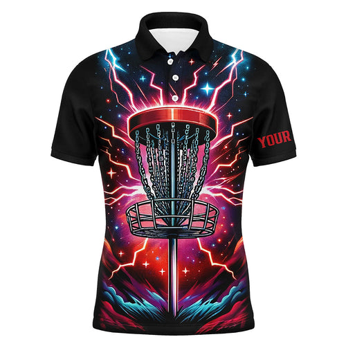 Mens Disc golf polo shirts custom red lightning thunder disc golf jerseys, disc golf outfit NQS7332