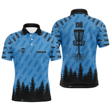 Load image into Gallery viewer, Mens disc golf polo shirt custom name, number disc golf basket camo Woods mens disc golf jersey | Blue NQS6438