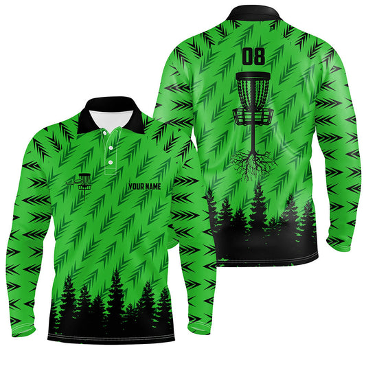 Mens disc golf polo shirt custom name, number disc golf basket camo Woods mens disc golf jersey| Green NQS6439