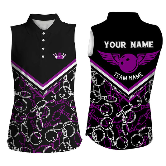 Personalized 3D bowling shirts for women, Custom black purple sleeveless polo Bowling Shirts for Girls NQS6441
