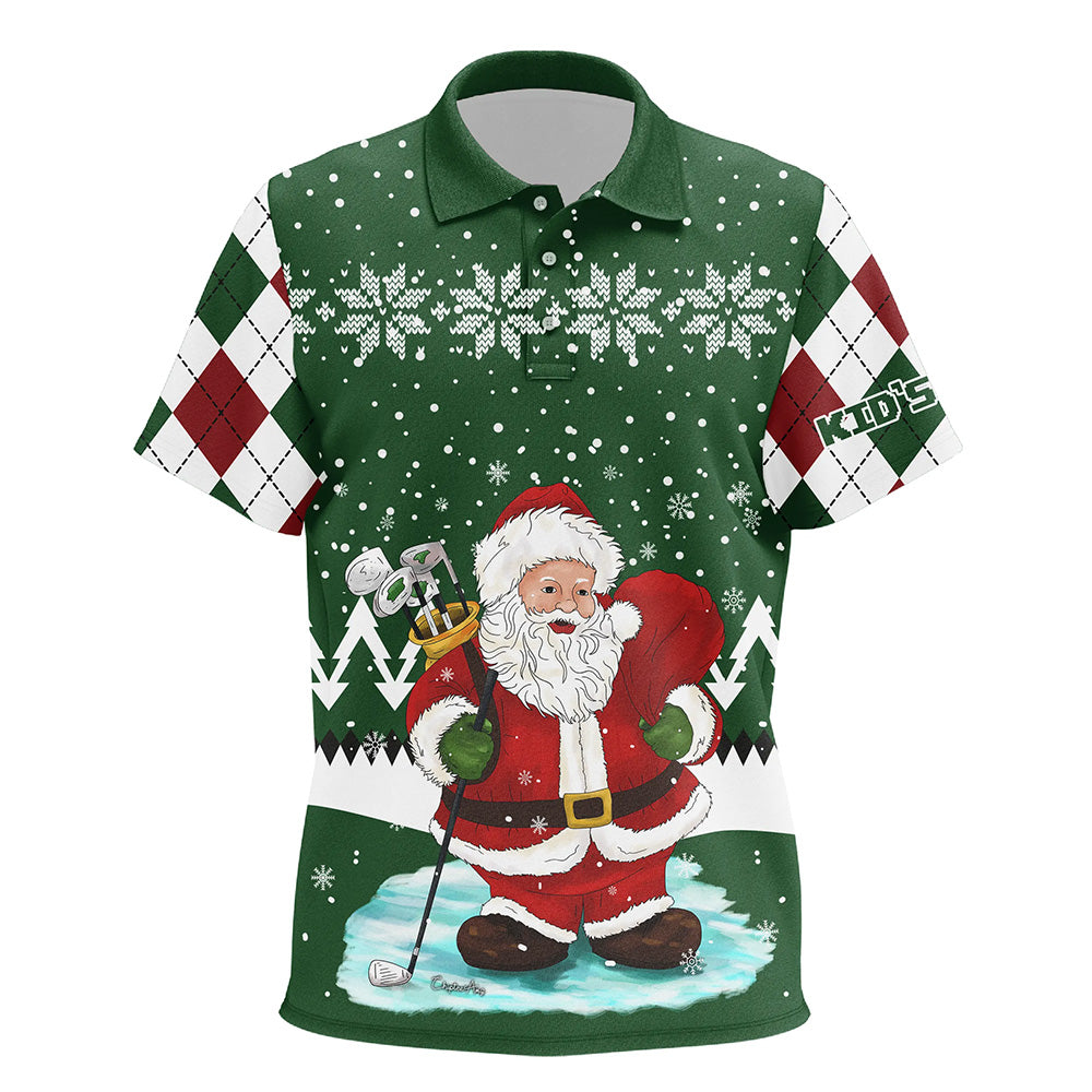 Ugly Christmas green argyle pattern golf shirt custom Kid golf polo shirts Santa Golfer Christmas gift NQS6891