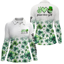 Load image into Gallery viewer, Women golf polo shirts custom green clover St Patrick&#39;s Day peace love golf, womens golf tops NQS7182