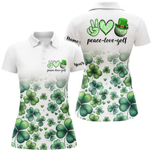 Load image into Gallery viewer, Women golf polo shirts custom green clover St Patrick&#39;s Day peace love golf, womens golf tops NQS7182