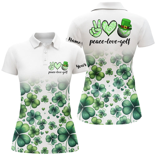 Women golf polo shirts custom green clover St Patrick's Day peace love golf, womens golf tops NQS7182