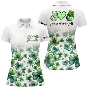 Women golf polo shirts custom green clover St Patrick's Day peace love golf, womens golf tops NQS7182