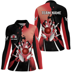 Black and red retro Women bowling polo shirts Custom bowling ball and pins Team bowling Jerseys NQS7336