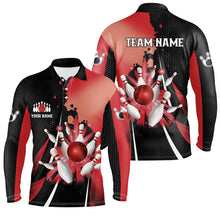 Load image into Gallery viewer, Black and red retro Mens Bowling polo shirts Custom bowling ball and pins Team bowling Jerseys NQS7336