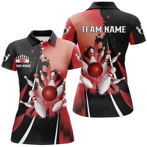 Black and red retro Women bowling polo shirts Custom bowling ball and pins Team bowling Jerseys NQS7336