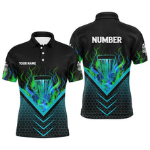 Load image into Gallery viewer, Black and green fire Mens Disc golf polo shirts custom flame disc golf basket jerseys, disc golf shirt NQS7337