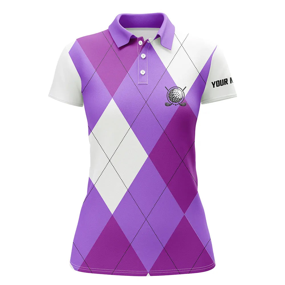 Womens golf polos shirts custom purple and white golf argyle plaid pattern, personalized golf gifts NQS6456